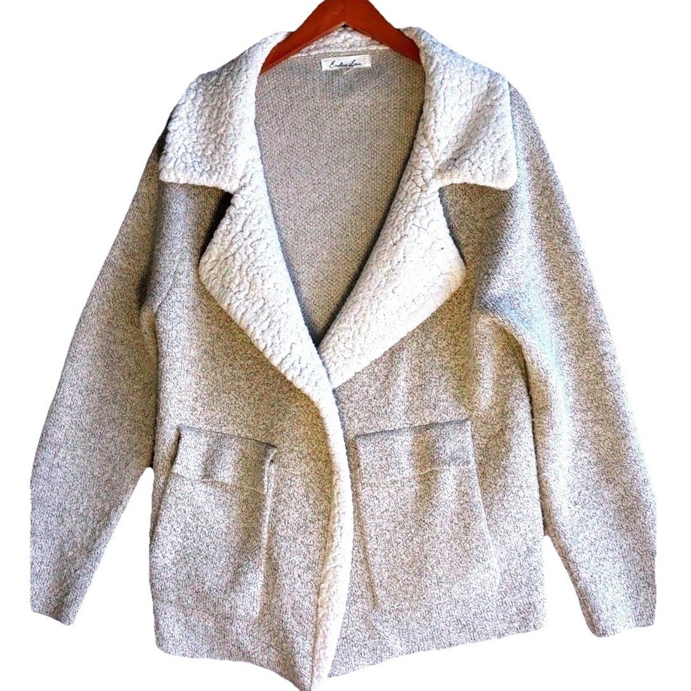 Endless Love Womens Gray Marled‎ Knit Sherpa Collar Open Front Cardigan Jacket L